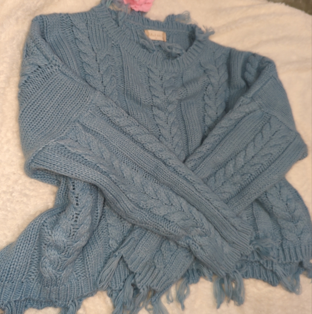 Altar'd State Light Blue Cable Knit Fringe Crewneck Sweater